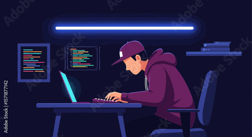 Focused Programmer Working Late On Coding Project At His Desk At Night