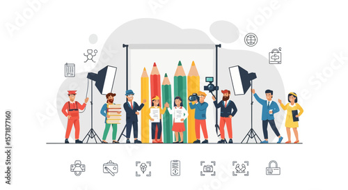Creative Team Working on Graphic Design Project With Pencils Backdrop