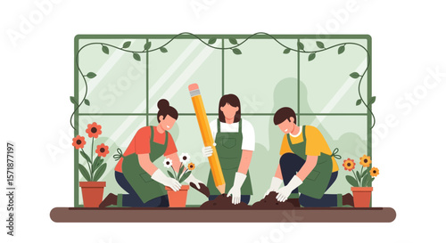 Creative Team Working Together On A New Flower Garden With Oversized Pencil