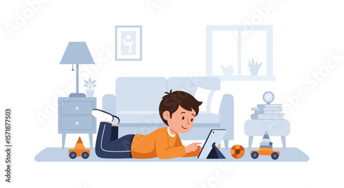 Cheerful Boy Using Tablet At Home In Modern Living Room Illustration