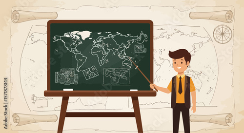 Animated Teacher Explaining World Geography on Blackboard with a Map Background