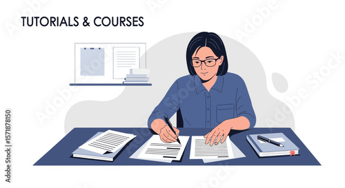 Focused Woman Engaged In Study Preparing Educational Materials At Her Desk