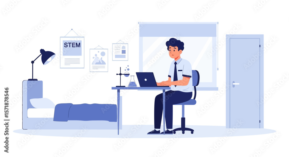 Focused Young Student Learning Science In His Room With Laptop Illustration Focused Young Student Learning Science In His Room With Laptop Illustration
