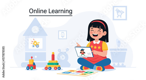 Cheerful Little Girl Enjoying Interactive Learning With Tablet At Home