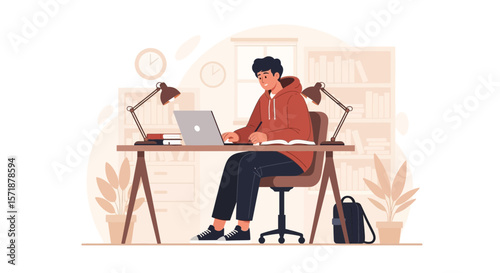 Focused Young Student Working On Laptop From Home During Pandemic Era