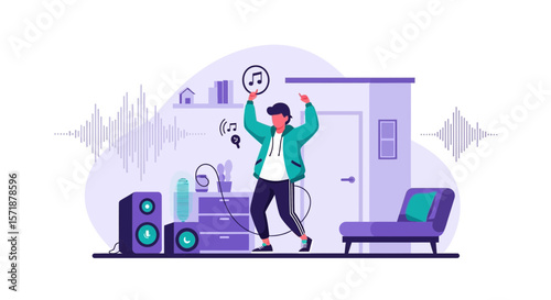 Cheerful Man Dancing Freely At Home Listening To His Favorite Music Vector