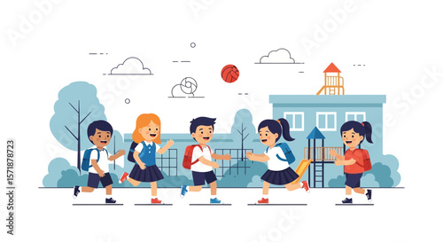 Cheerful Pupils Enjoying Recess at School Playground Illustration