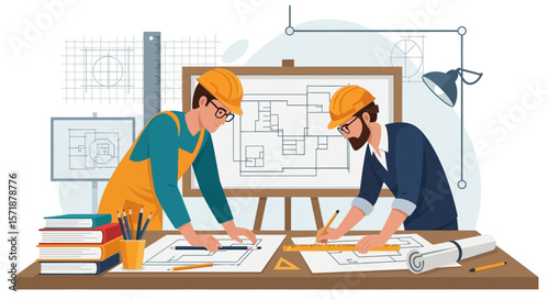 Architects Collaborating On Blueprint Design For Building Project Development Concept