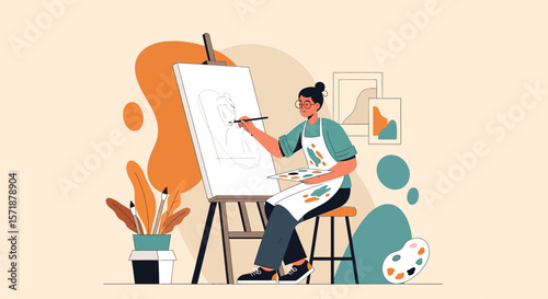 Creative Woman Immersed In Her Artistic Expression During Art Session