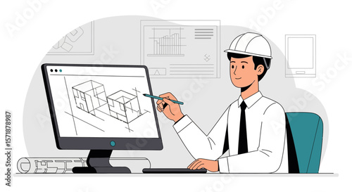 Architectural Designer Working On Blueprint Digital Project Engineering Concept