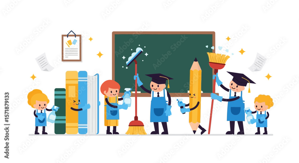 Cheerful Students Cleaning Up Their Classroom After Graduation Ceremony Illustration Cheerful Students Cleaning Up Their Classroom After Graduation Ceremony Illustration