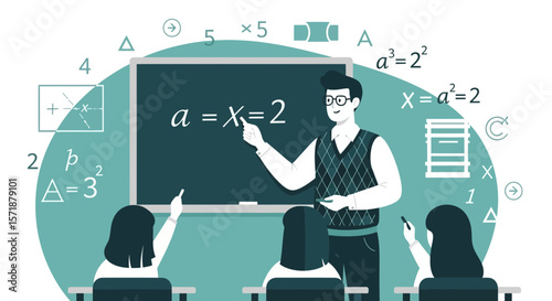 Engaging Math Class Illustration Teacher Explaining Equations To Students In A Classroom