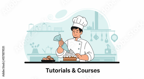 Chef Decorating Cake In Kitchen Online Courses and Baking Tutorial Concept
