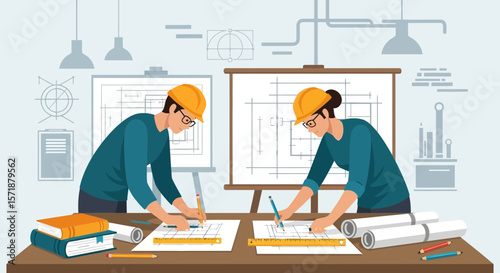 Architectural Team Collaborating On Blueprint Engineering Project Drawings Vector Illustration