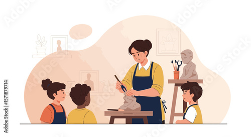 Art Class Female Teacher Guiding Students During Sculpture Creating Session