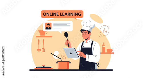 Chef Preparing Food While Using Technology For Online Culinary Lessons