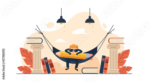 Creative Writer Enjoying Relaxation In Hammock With Pencil And Books Illustration