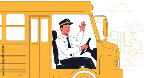 Friendly School Bus Driver Waving Hand Welcoming Passengers Onboard Yellow Transport