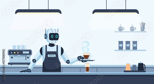 Artificial Intelligence Barista Serving Coffee In Modern Cafe Concept