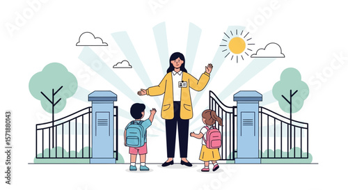 Friendly Teacher Welcoming Elementary Students At School Entrance During Sunny Day