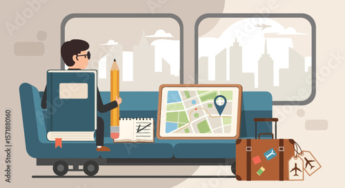 Creative Writer Traveling By Train Conceptualizing Ideas On Paper Ready For Adventure