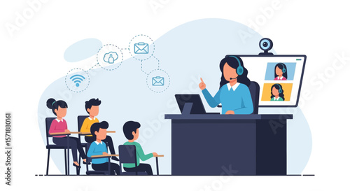 Engaging Online Class Education For Students With Teacher On Video Conference Call