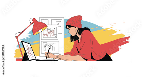 Creative Young Designer Working on Digital Tablet at Home Art Studio