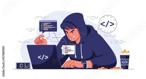 Frustrated Coder Working On A Project In A Hoodie With Two Computer Screens