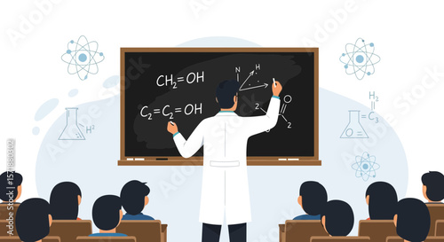 Chemistry Teacher Explaining Organic Compounds To Students In Classroom Illustration