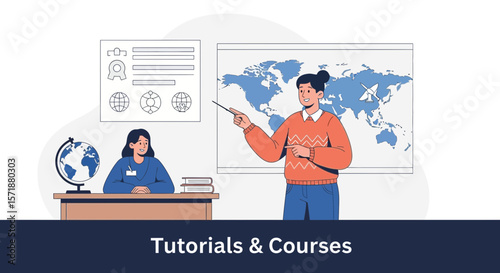 Engaging Online Geography Lesson With Animated Educators And World Map Background