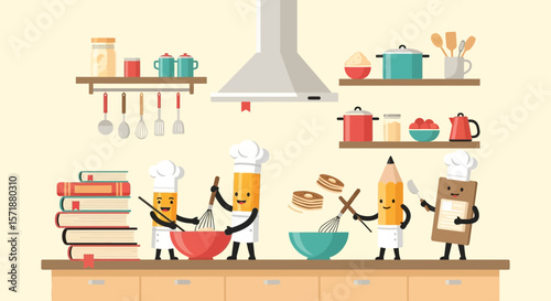 Culinary Cartoon Pencils Creating Desserts Together In A Well Equipped Kitchen