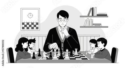 Chess Club Meeting With Young Players and Instructor Concentrating On Strategy