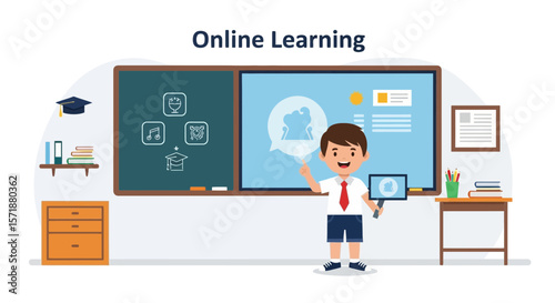 Engaging Online Learning Illustration With Young Student Presentation in Classroom