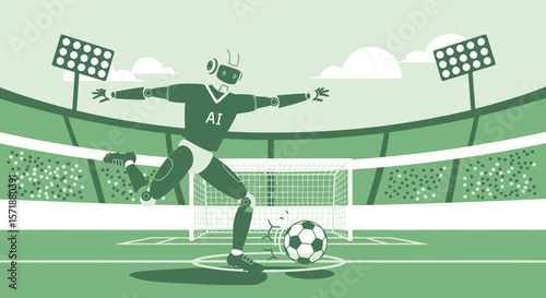 Artificial Intelligence Player Kicks Soccer Ball During Game In The Stadium