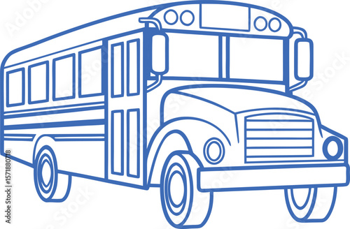 Blue outline drawing of a classic school bus viewed from the front side transportation
