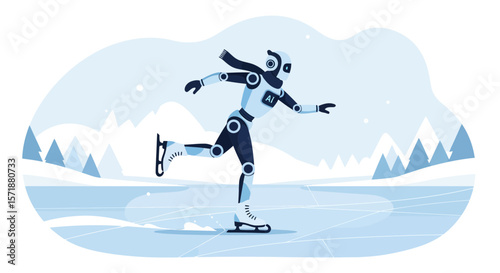 Artificial Intelligence Robot Figure Skating On Frozen Winter Landscape Illustration