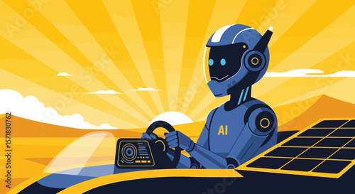 Artificial Intelligence Robot Driving Solar Powered Vehicle In The Desert Landscape