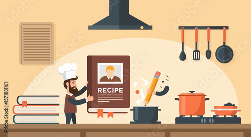 Funny Chef With Book Writing Recipe In Kitchen Cooking Pot Cartoon Concept