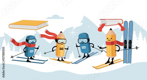Funny Education Characters Enjoying Winter Vacation On Skis Against Snowy Landscape