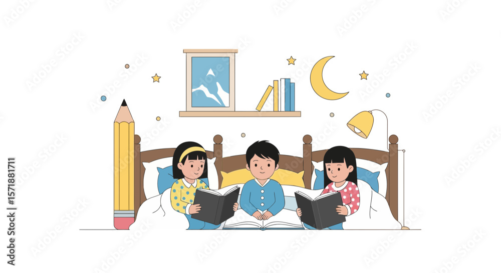 Obraz premium Children Reading Books Together In Bed At Night Illustration Graphic