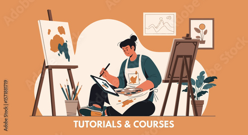 Artist Creating Digital And Traditional Artwork In A Cozy Atelier Setting