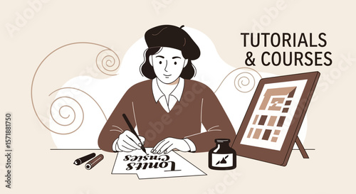 Artist Illustrating Calligraphy For Tutorials And Courses With Sketchbook Ink Concept