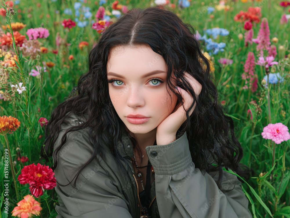 Naklejka premium Young woman resting in a colorful flower field
