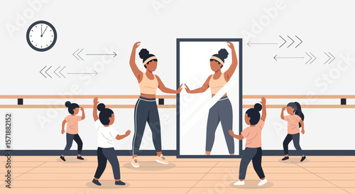 Dance Class With Instructor Teaches Children In Front Of A Mirror