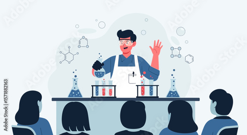 Engaging Science Demonstration Featuring A Cheerful Scientist And Curious Students