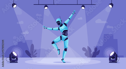 Dancing Robot Under Spotlights Shows Futuristic Performance With Cityscape