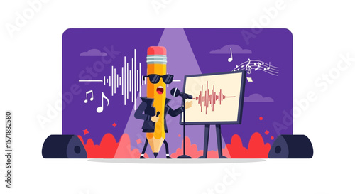 Artistic Pencil Character Performing Live Music on Stage with Sound Waves