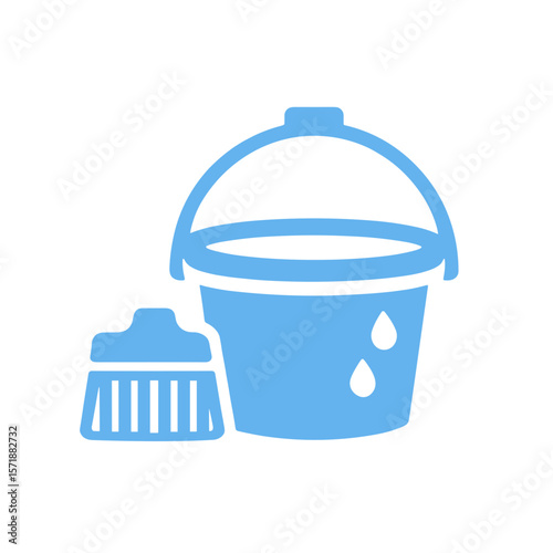 Cleaning icon with bucket, water drops and brush representing hygiene and household chores
