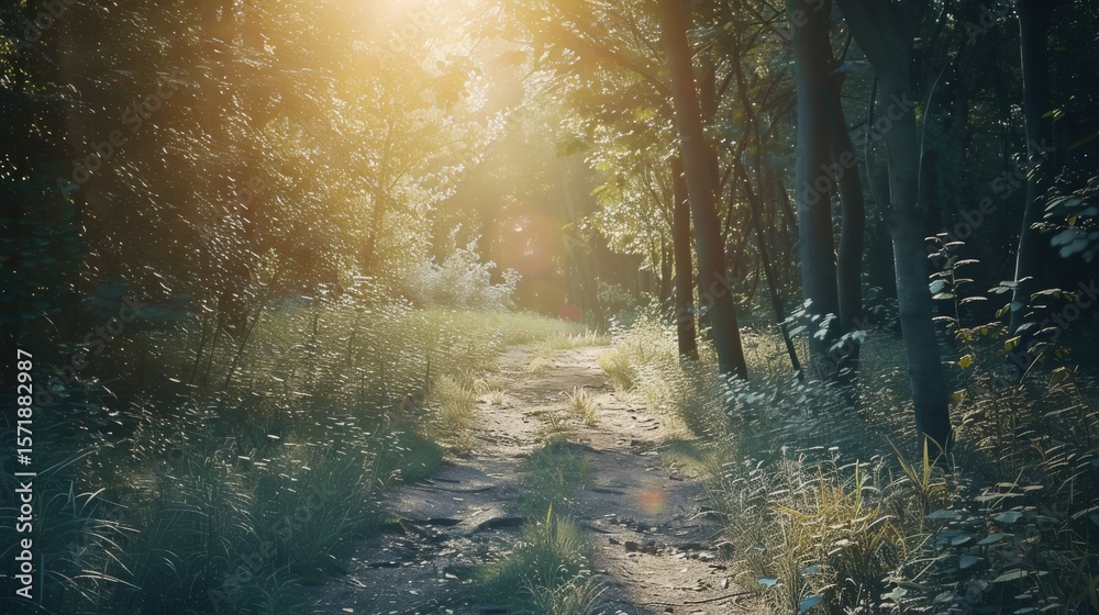 Fototapeta premium Forest path bathed in warm sunlight, surrounded by nature tranquility