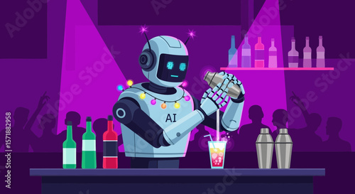 Futuristic Nightlife Ai Robot Bartender Mixing Cocktails At Party Event